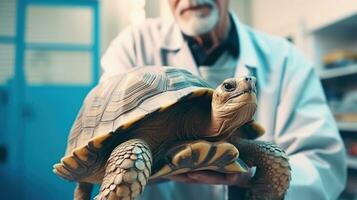 Veterinary clinic for exotic animals. AI Generative Turtle in the hands of a veterinarian. photo