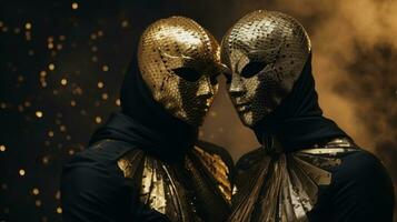 Golden theatrical masks. Abstract costume for futuristic productions. AI Generative photo