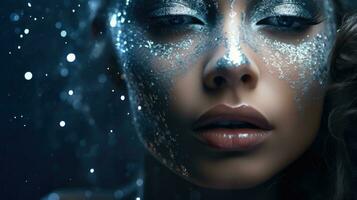 Beauty, cosmetics and makeup with glitter. Magic bright creative make-up AI Generative photo