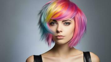 Beautiful woman with multi-colored rainbow hair and creative hairstyle. AI Generative photo