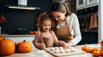 madre y su hija preparando para Víspera de Todos los Santos. mamá y niño Cocinando ai generativo foto