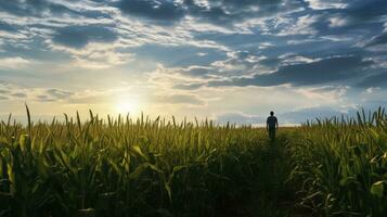 Farmer standing in his cornfield at sunset. Corn field in sunlight AI Generative photo