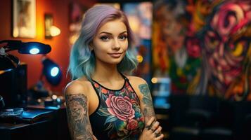joven atractivo hembra tatuaje artista en un tatuaje salón. ai generativo foto