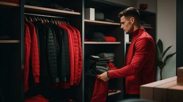 Stylish man in the dressing room. Style and men fashion. Black and red colors AI Generative photo