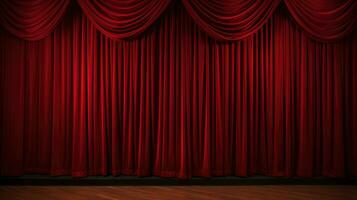 Closed crumpled red curtain over empty theater stage. AI Generative photo