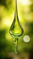 Flowing drops with pouring liquid essential oil on green nature background. AI Generative photo