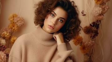 Perfect young woman with in warm winter knitted sweater. Fashion portrait. AI Generative photo