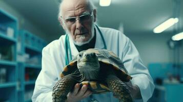 Veterinary clinic for exotic animals. AI Generative Turtle in the hands of a veterinarian. photo