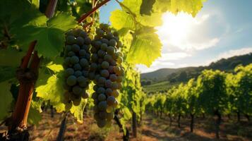 Close-up of grapes, vineyard against the background in the light of the sun AI Generative photo