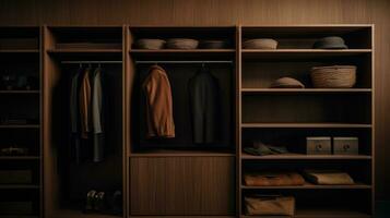 Modern dressing room for men. Modern wardrobe with stylish clo AI Generativethes photo