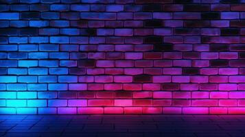 Neon lights on old grunge brick wall room background. AI Generative photo