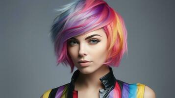 Beautiful woman with multi-colored rainbow hair and creative hairstyle. AI Generative photo