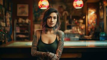 joven atractivo hembra tatuaje artista en un tatuaje salón. ai generativo foto