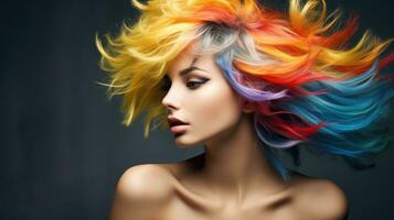 Beautiful woman with multi-colored rainbow hair and creative hairstyle. AI Generative photo