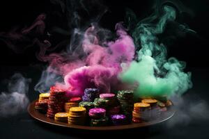 Playing chips in clouds of colored smoke. Close-up. Gambling concept. Generated by artificial intelligence photo