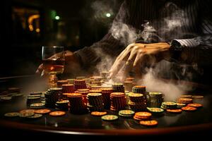 A man at a gaming table with stacks of chips in a cloud of cigarette smoke. Gambling concept. Generated by artificial intelligence photo