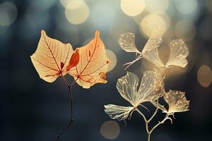 Branch with autumn withering leaves on a background of golden bokeh. Generated by artificial intelligence photo