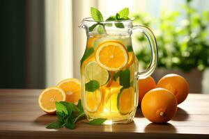 Citrus lemonade in a jug on a table in the kitchen. Oranges and mint near a glass jug. Generated by artificial intelligence photo