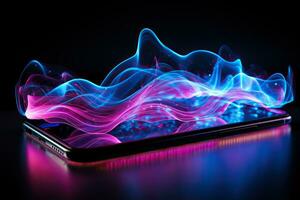 Abstract image of neon sound waves over a smartphone on a dark background. Music and entertainment concept. Generated by artificial intelligence photo