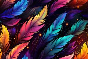 Colorful feathers, firebird feather pattern. Bright background. Generated by artificial intelligence photo