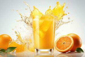 A glass of fresh orange juice with splashes and orange slices on a white background. Generated by artificial intelligence photo