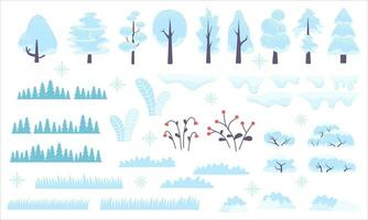 invierno bosque escenario, Nevado arboles y arbustos hermosa salvaje naturaleza en nieve, diciembre congelación clima. plano vector ilustración