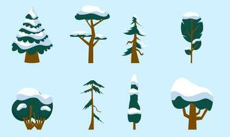 winter trees, vector isolated illustration of trees, leaves, fir trees, shrubs, sun, snow and clouds, winter elements of nature to create a landscape