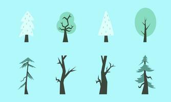 winter trees, vector isolated illustration of trees, leaves, fir trees, shrubs, sun, snow and clouds, winter elements of nature to create a landscape