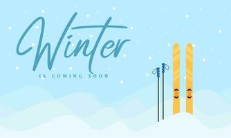 Winter Background with skis and poles background, Skiing in the mountains. Vector illustration in trendy flat style with pair of skis on the snowy landscape background.