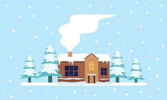 Cute winter landscape. Winter banner. Lovely houses in a snowy valley. Horizontal landscape. Winter Cabin Illustration vector