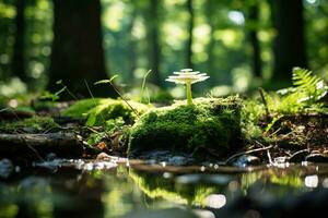 A light mushroom glowing in the rays of the sun on green moss with a blurred forest background. Generated by artificial intelligence photo