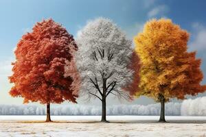 Three trees with red, yellow and white leaves stand in the middle of a snowy field. Unusual natural phenomenon concept. Generated by artificial intelligence photo