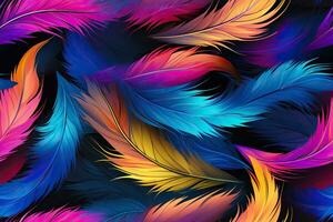 Colorful feathers, firebird feather pattern. Bright background. Generated by artificial intelligence photo