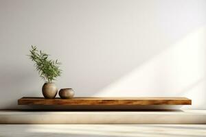 Wooden shelf with a potted plant against a white concrete wall. Interior. Generated by artificial intelligence photo