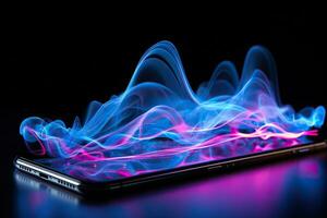 Abstract image of neon sound waves over a smartphone on a dark background. Music and entertainment concept. Generated by artificial intelligence photo