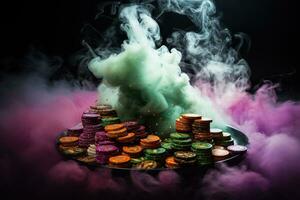 Playing chips in clouds of colored smoke. Close-up. Gambling concept. Generated by artificial intelligence photo