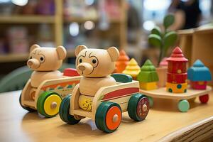 Wooden children's toys on the table. Wooden play set. Generated by artificial intelligence photo