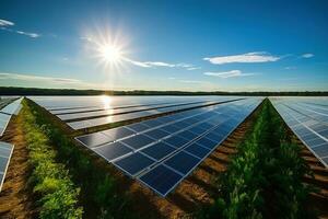 Solar panel park in a field. Solar energy concept. Generated by artificial intelligence photo