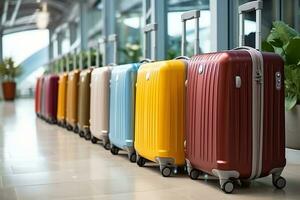 Stylish multi-colored suitcases stand in an empty airport corridor. Airplane travel concept. Waiting for departure. Generated by artificial intelligence photo