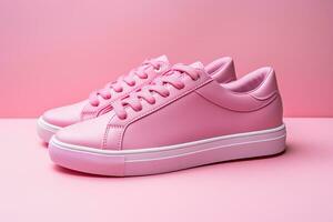 Pink women's leather sneakers without logo on a pink background. Youth shoes. Side view. Generated by artificial intelligence photo