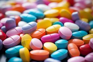 tabletas y cápsulas en todas colores de el arcoíris. bandera para farmacéutico añadir foto