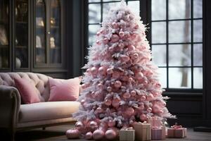 A pink Christmas tree decorated with big pink decorations in a dark gray room, a pink sofa with pillows and a large window. Christmas gifts under the tree. Copy space photo