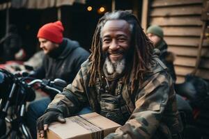 Smiling homeless people receive charity donations. Generative AI photo