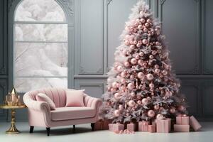 A beautiful pink Christmas tree decorated with trendy pink decorations and a lot of gifts in a modern room with a pink coach. Copy space photo