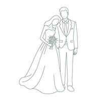 Happy wedding bride and groom at wedding ceremony. Beautiful wedding couple in wedding clothes, couple with beauty wedding bouquet line art vector