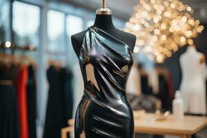 A beautiful black dress on a mannequin in a fashion salon. Shopping concept. Generated by artificial intelligence photo