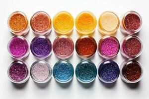 Set of jars with glitter for makeup. Colorful mineral eyeshadows. Generated by artificial intelligence photo