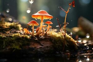 A group of orange mushrooms glowing in the sun's rays on moss against a blurred forest background. Generated by artificial intelligence photo