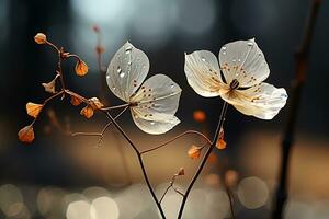 Branch with autumn withering leaves on a background of golden bokeh. Generated by artificial intelligence photo