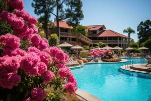 View of a beautiful hotel with a large swimming pool and pink flowers on the premises. Luxury travel vacation. Generative AI photo